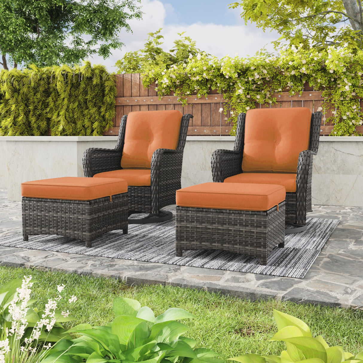 5 Piece Outdoor Patio Furniture Set Wicker Conversation Bistro Set Swivel Rocking Chairs with Side Table and Ottomans for Backyard, Porch, Deck(Mixed Grey/Orange)