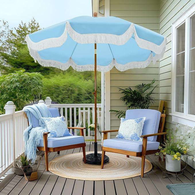 7ft Beach Umbrella with Fringe & Sand Anchor, Outdoor Patio Heavy Duty Windproof Portable