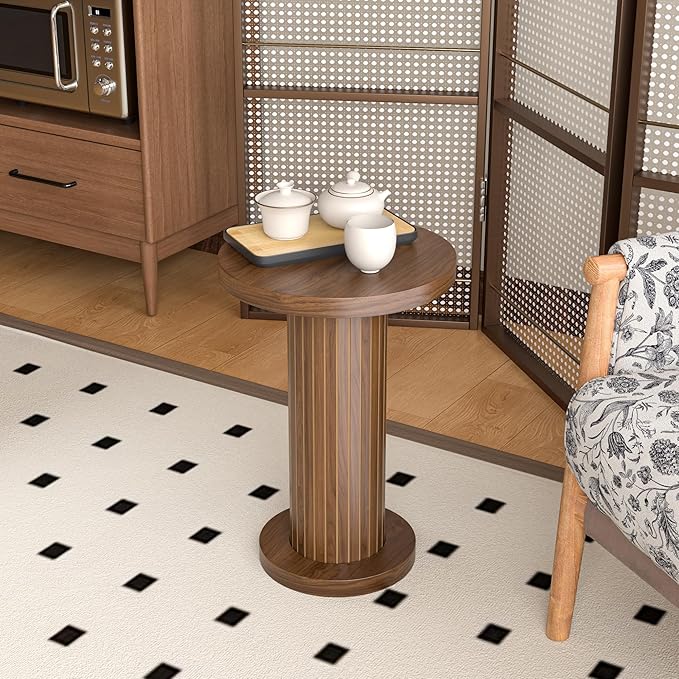 Small Round Pedestal Side Table, Fluted Pedestal End Table, Drink Tables for Small Spaces