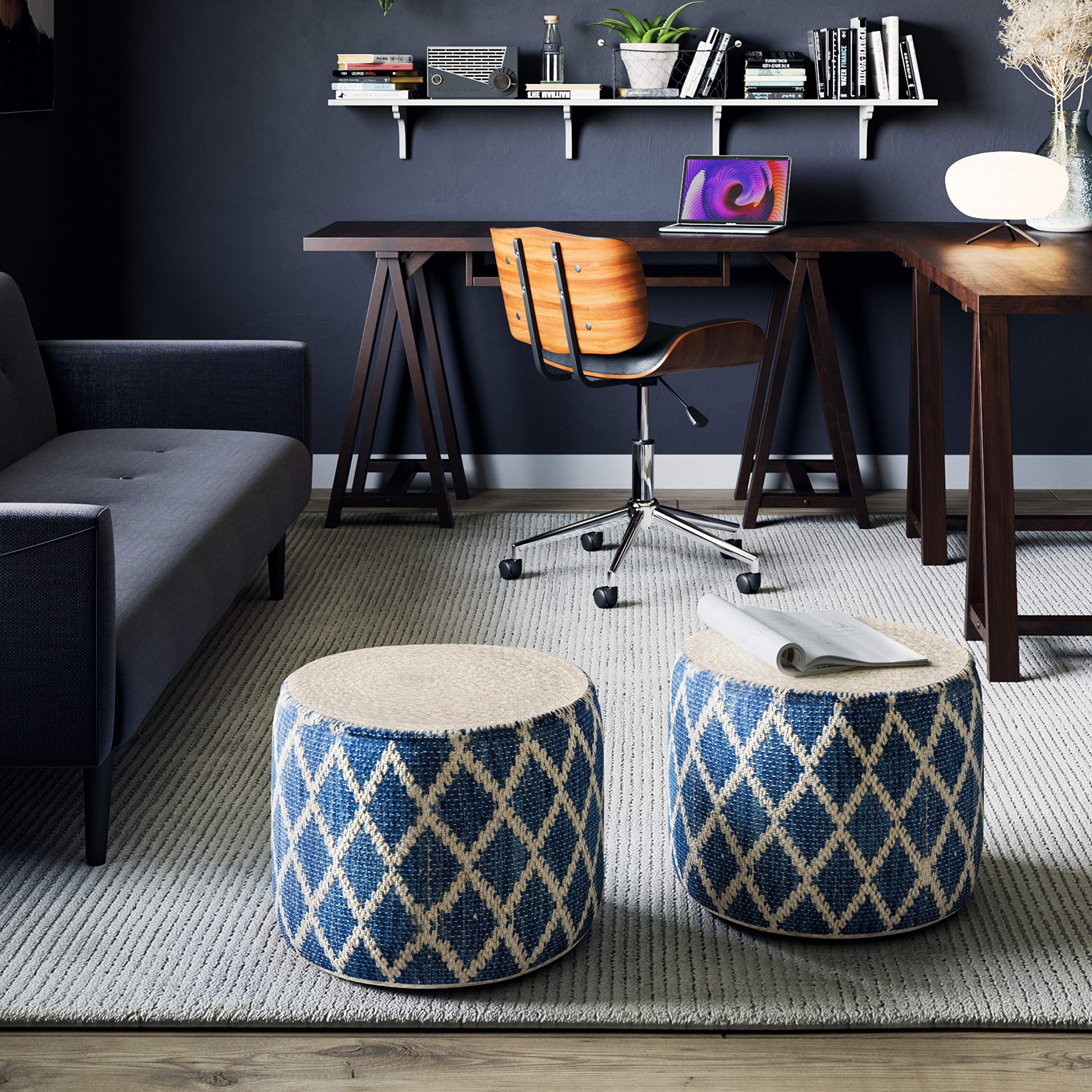 Edgeley Boho Round Pouf in Classic Blue, Natural Woven Braided Jute for the Living Room, Bedroom and Kids Room