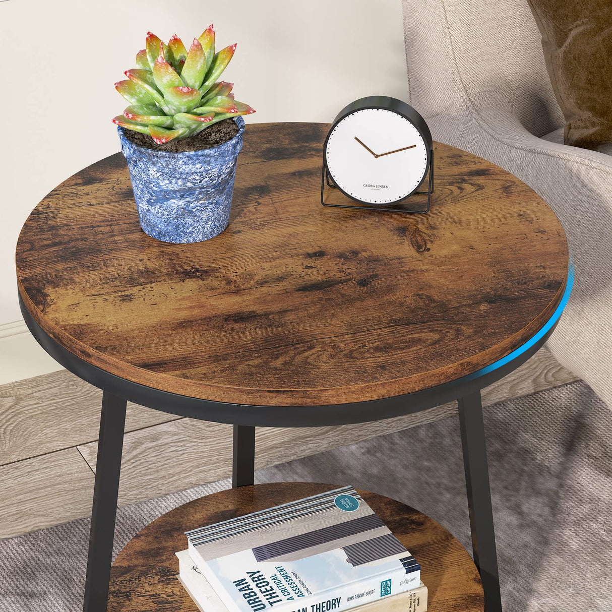 End Table, 2 Tier Round Side Table Accent Table for Living Room, Rustic Brown