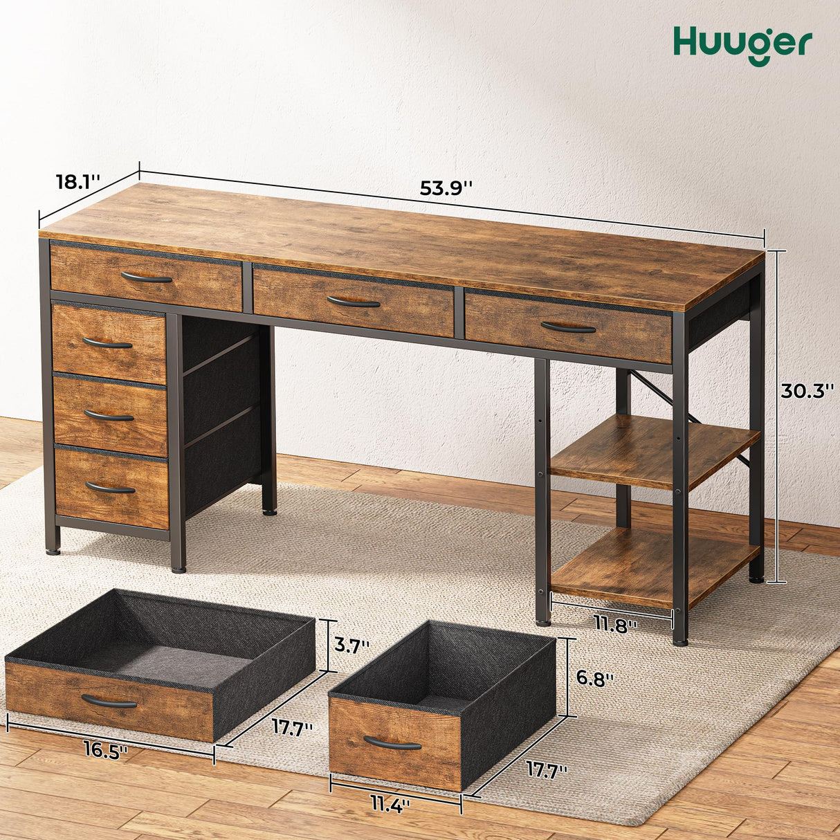 Huuger Computer Desk with 6 Drawers, 54 Inch Office Desk with Shelves, Reversible Gaming Desk, Corner Desk with Storage, Work Desk for Home Office, Study, Living Room, Rustic Brown