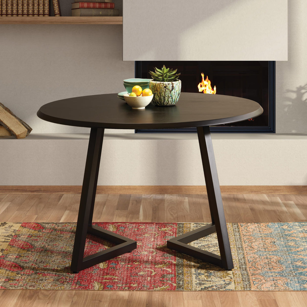 Metro Mid-Century Modern Round Dining Table - 45 Inch Black Veneer with Metal Base