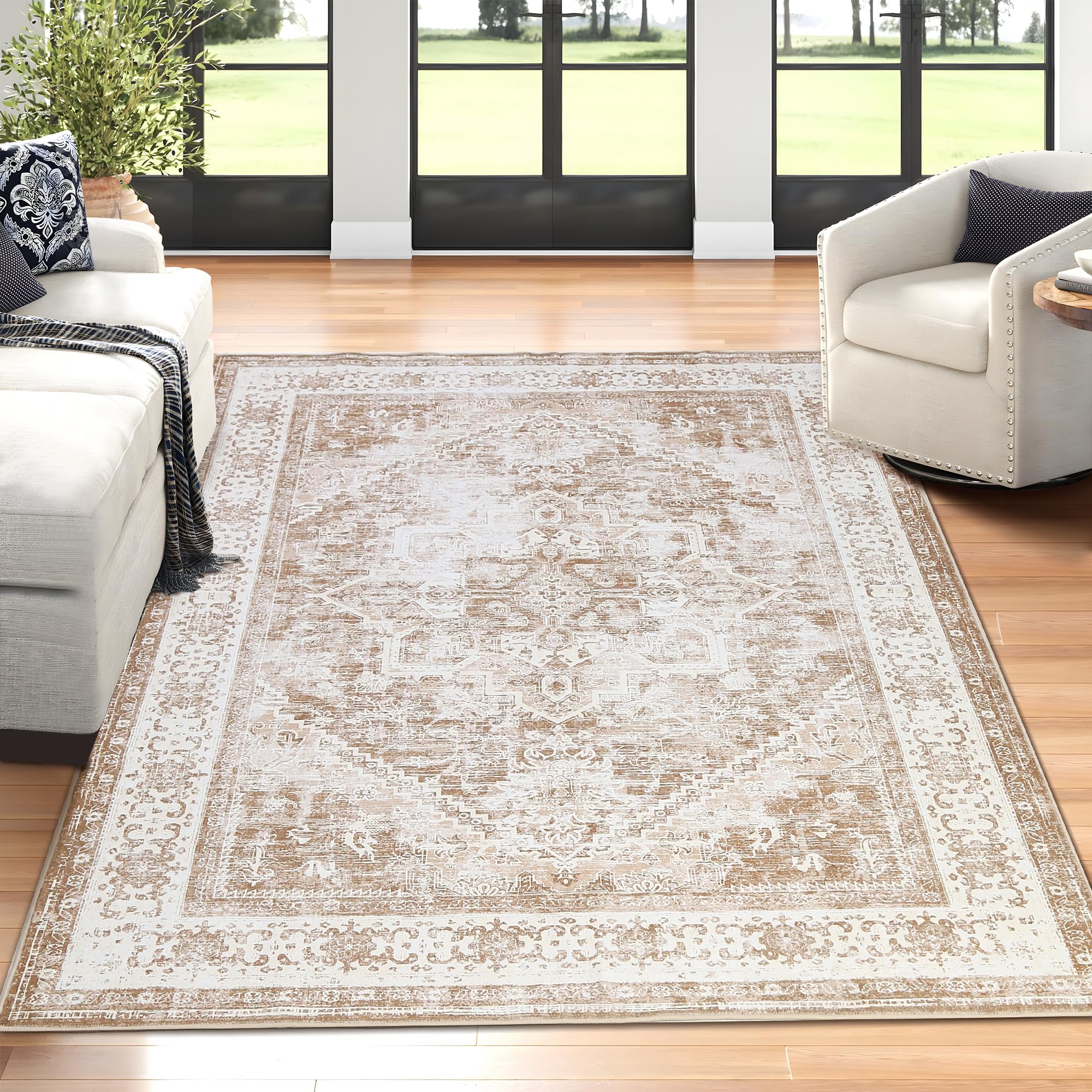 Loooom Boho Vintage Tribal Area Rugs Washable Low-Pile Floral Print Carpet Mat Indoor Decor 9x12 Light Coffee for Living Room Bedroom Farmhouse Dining Room