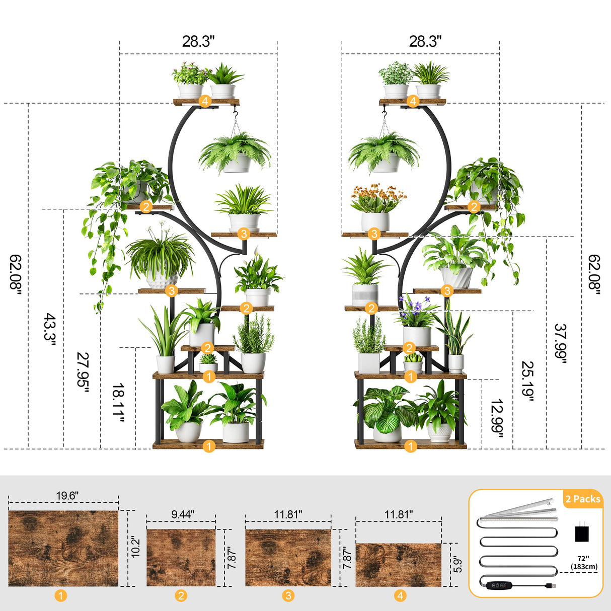 BACEKOLL Plant Stand Indoor with Grow Light - 2 Pack Tall Indoor Plant Shelf, 62" Corner Plant Holder, 8 Tiered Large S-Shape Flower Multiple Display Shelves for Home, Office