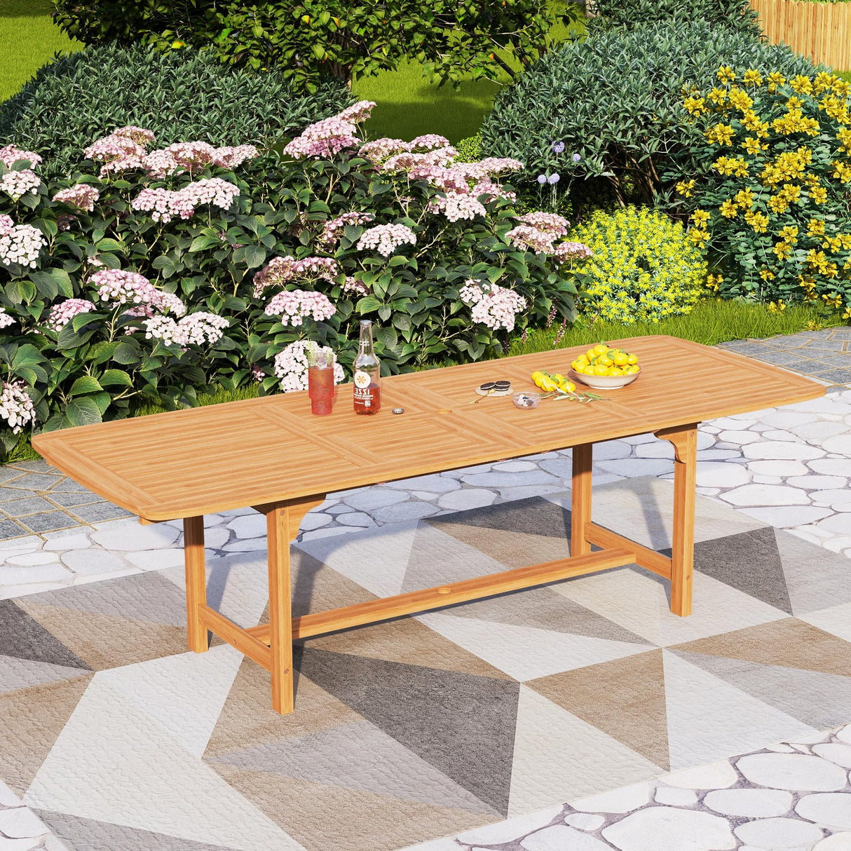 Outdoor Acacia Wood Expandable Dining Table for 6-8, Large Extendable Rectangular