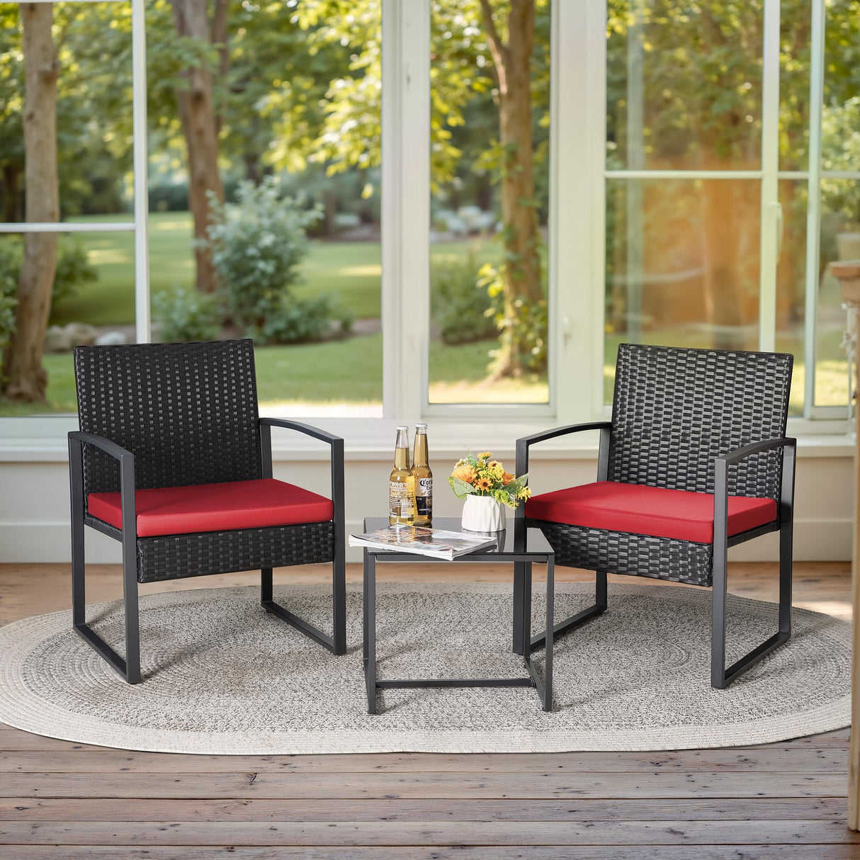 3 Piece Wicker Conversation Bistro Sets Outdoor Patio Set Modern Rattan Chair