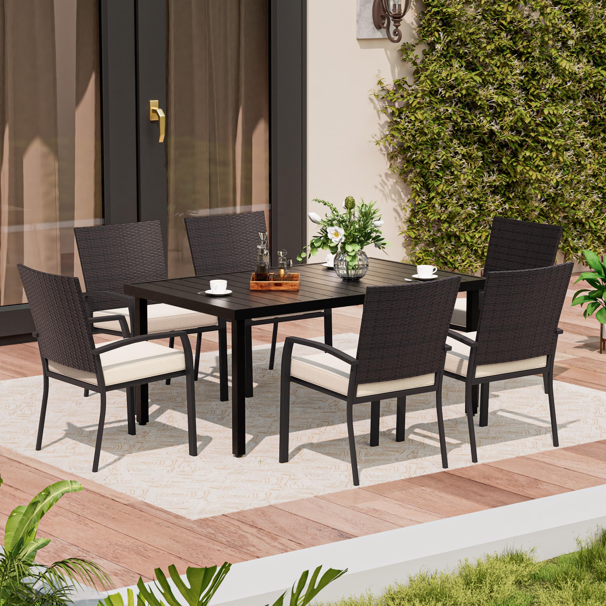 Qsoer 7-Piece Patio Dinning Set, All-Weather Use Outdoor Dinning Set for 6 with 1 Rectangular Table and 6 Metal Chairs for Deck, Porch, Poolside,Backyard