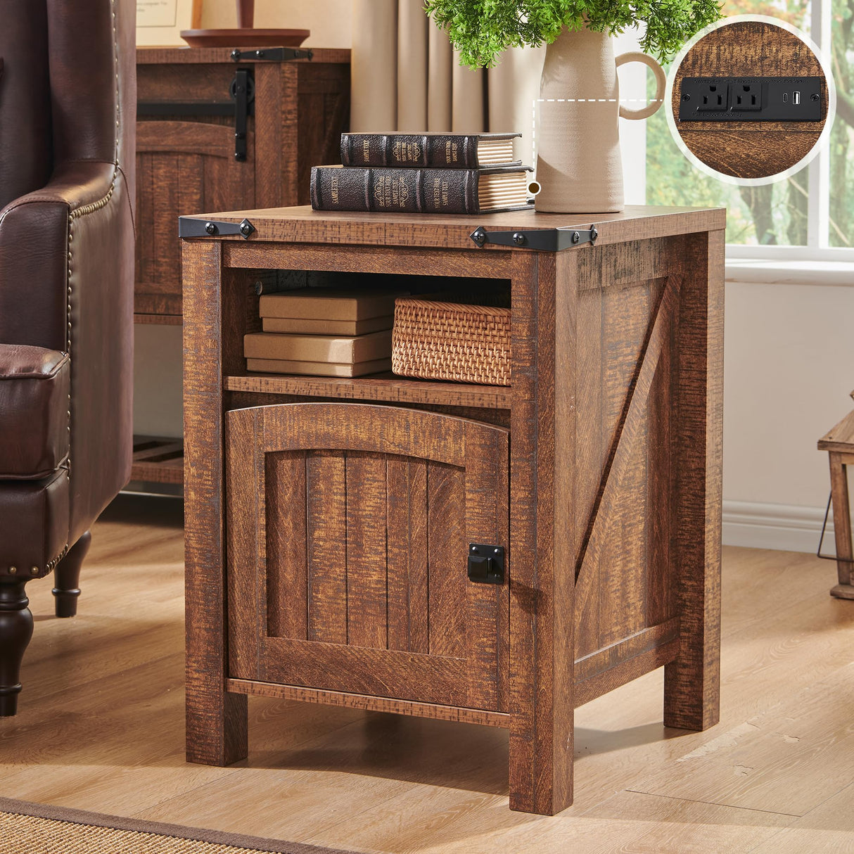 Farmhouse End Table with Charging Station, 18" Rustic Nightstand