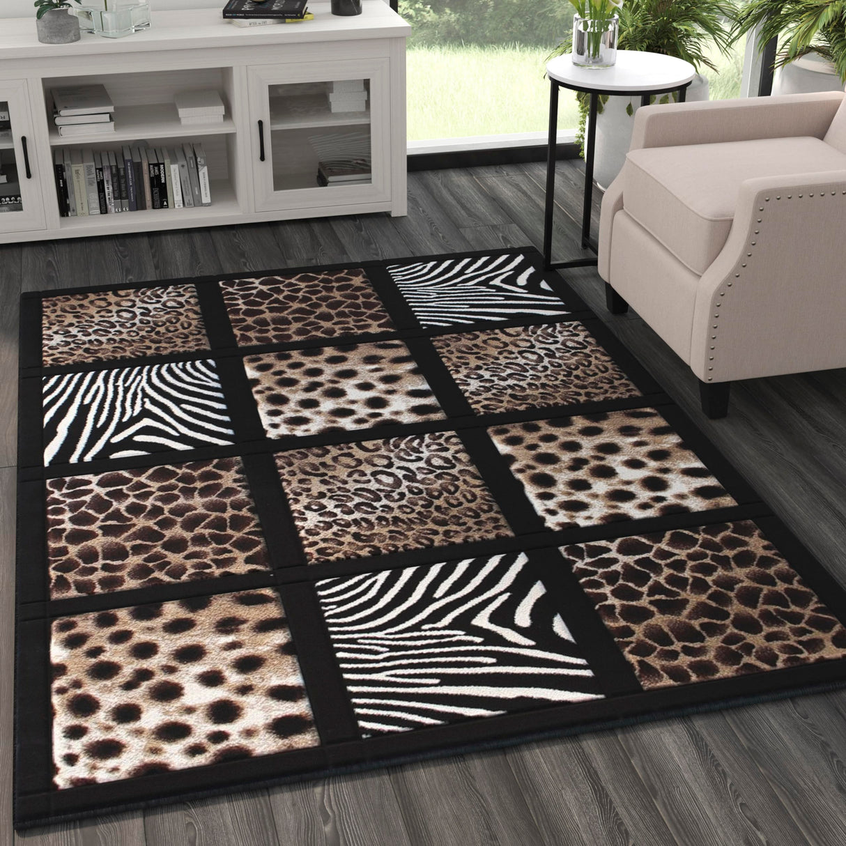 5' x 7' Modern Animal Print Olefin Area Rug with Cheetah, Leopard