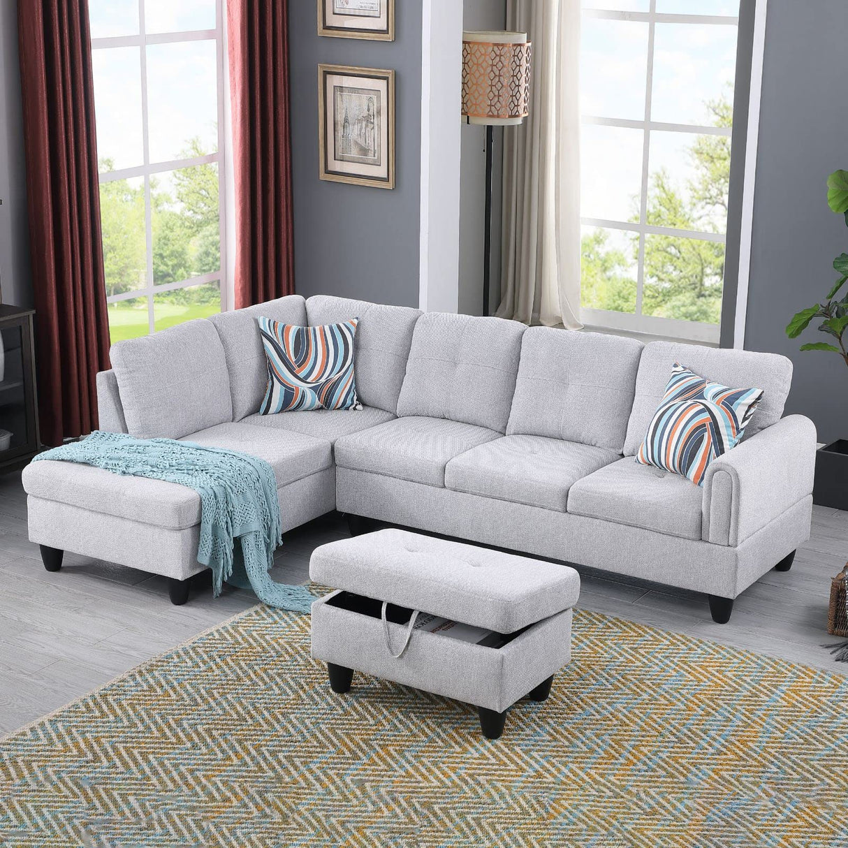 Gray Flannel 3-Piece Living Room Furniture Sectional Sofa Set