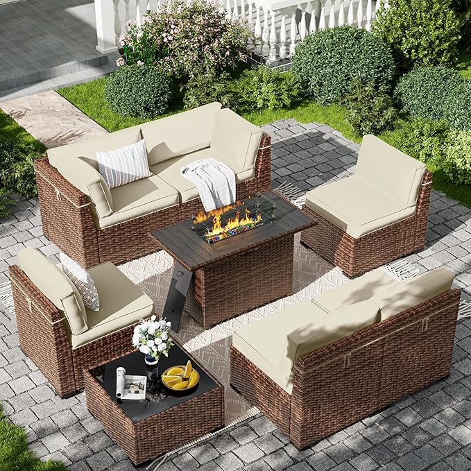 7 Pieces Patio Furniture Set, Outdoor Furniture Sectional Sofa Set with Slanted Back