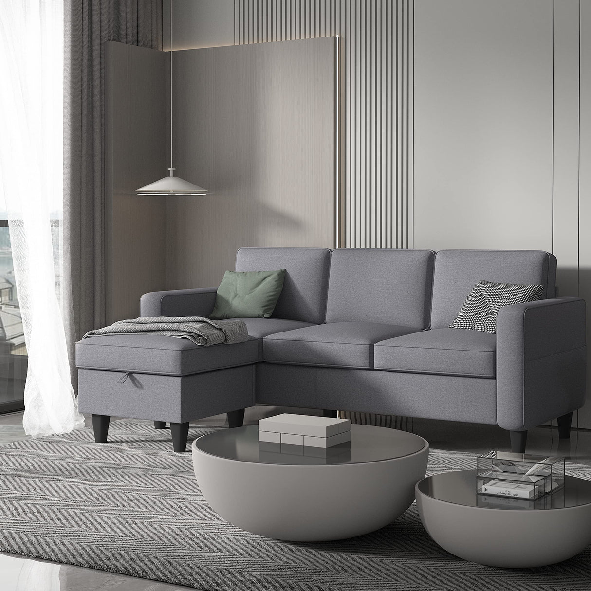 Light Grey Convertible Sectional Sofa Couch,3-Seat L-Shaped Sofa