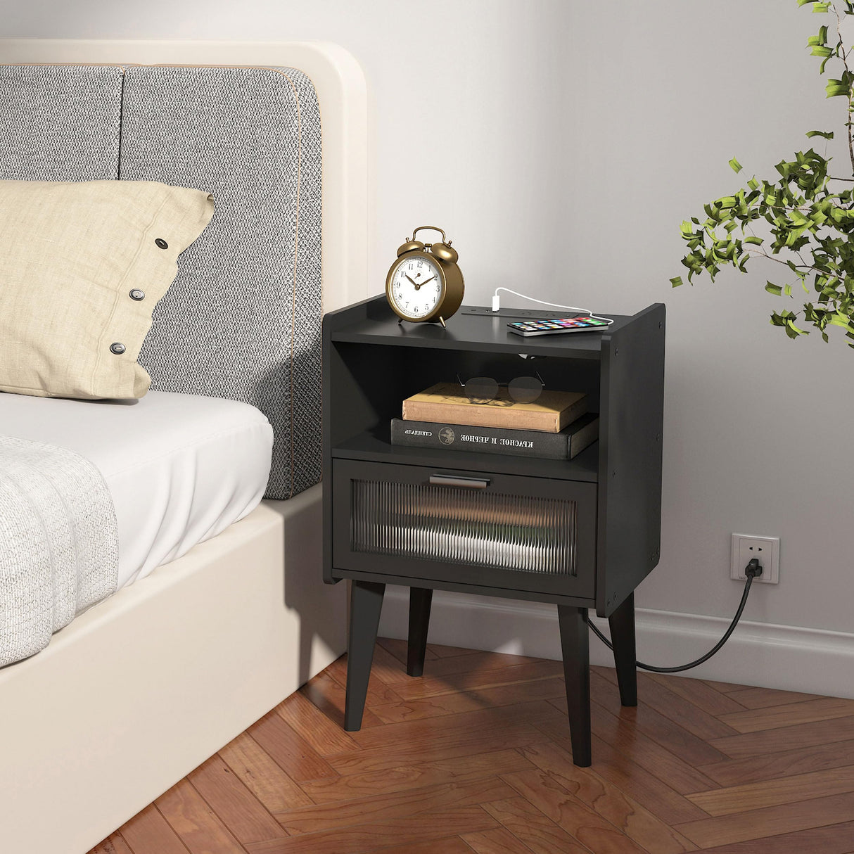 Nightstand with Charging Station, Bedside Tables, End Table Side Table