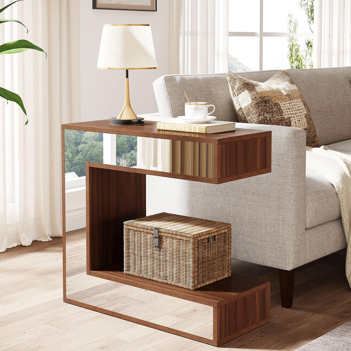 Mirrored End Table, Narrow Side Table with Storage Shelf for Living Room, Wood Bedside