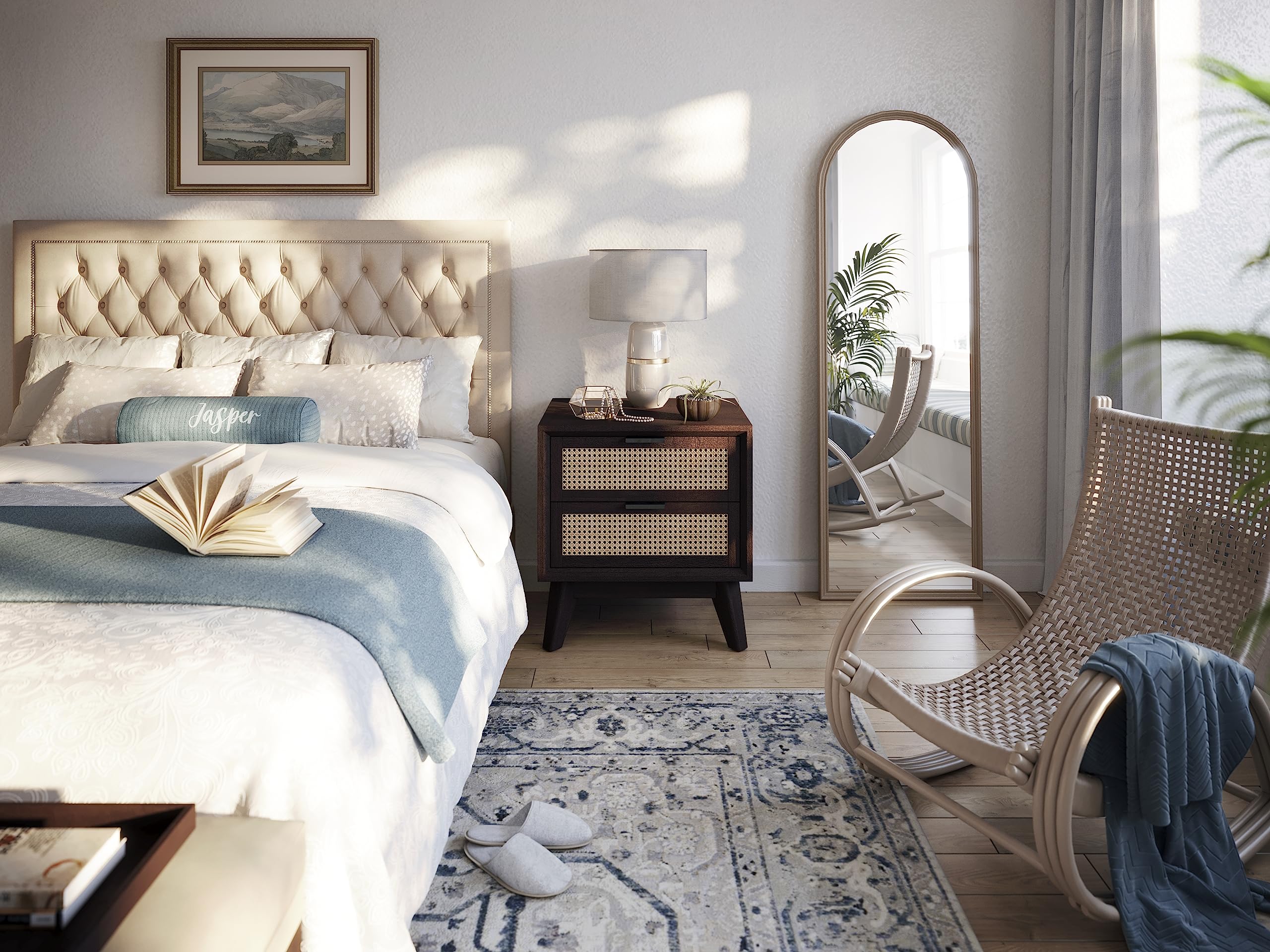 Jasper Deluxe Solid Wood Rattan Nightstand Fully Assembled-Mid Century Modern Side