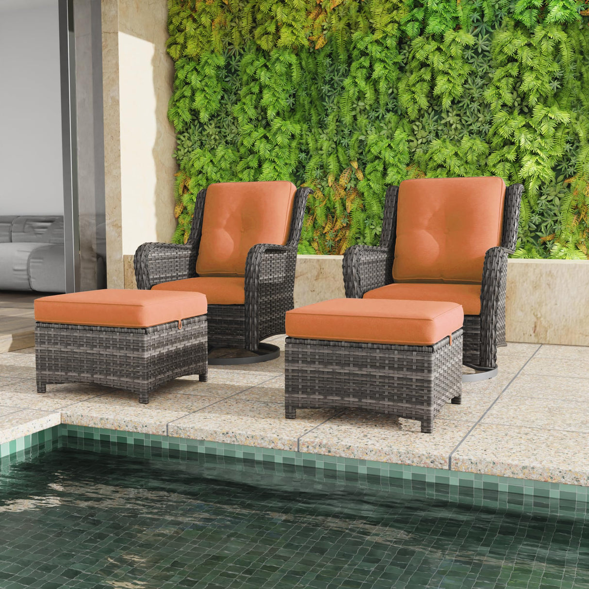 5 Piece Outdoor Patio Furniture Set Wicker Conversation Bistro Set Swivel Rocking Chairs with Side Table and Ottomans for Backyard, Porch, Deck(Mixed Grey/Orange)