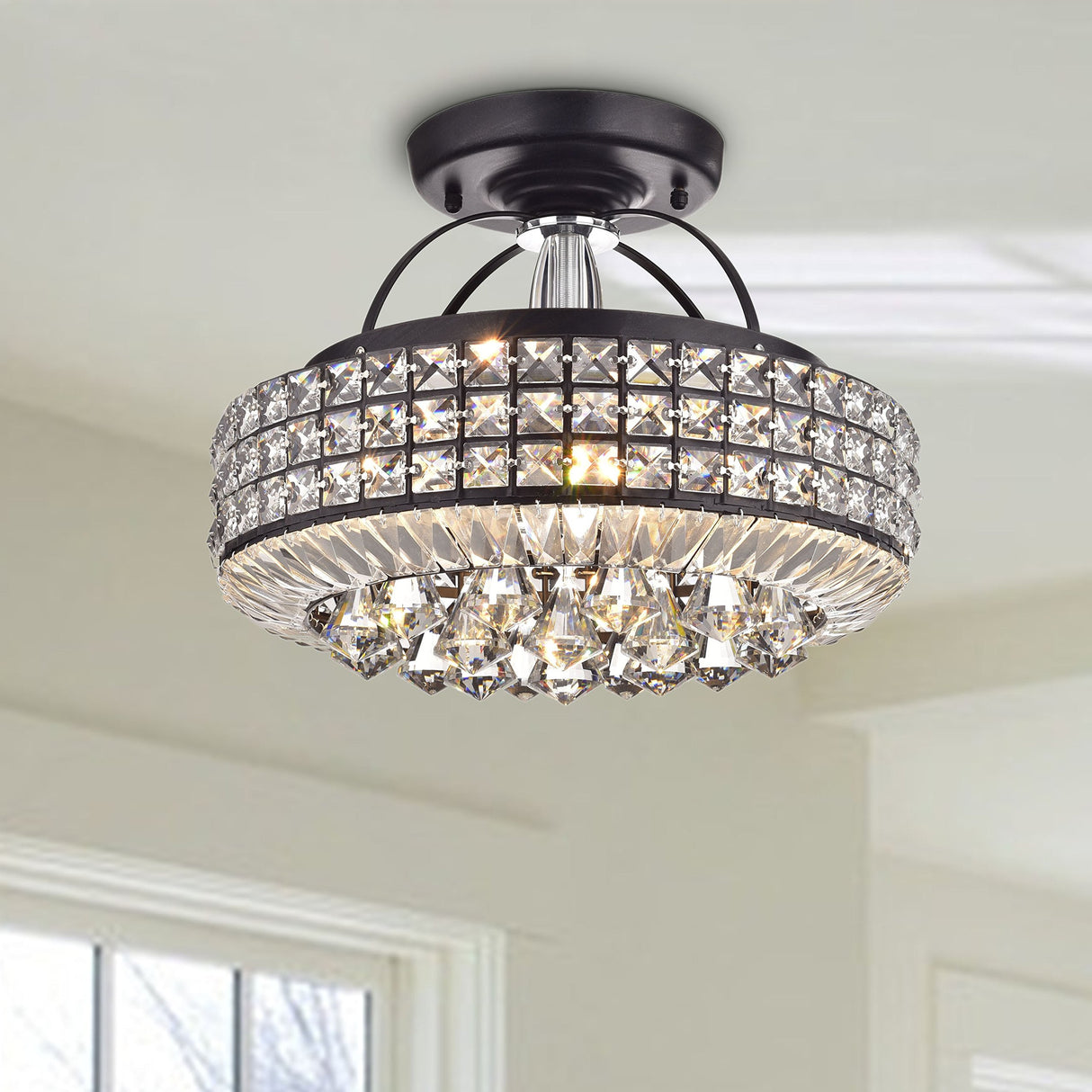Jojospring Jolie Antique Black Drum Shade Crystal Semi Flush Mount Chandelier