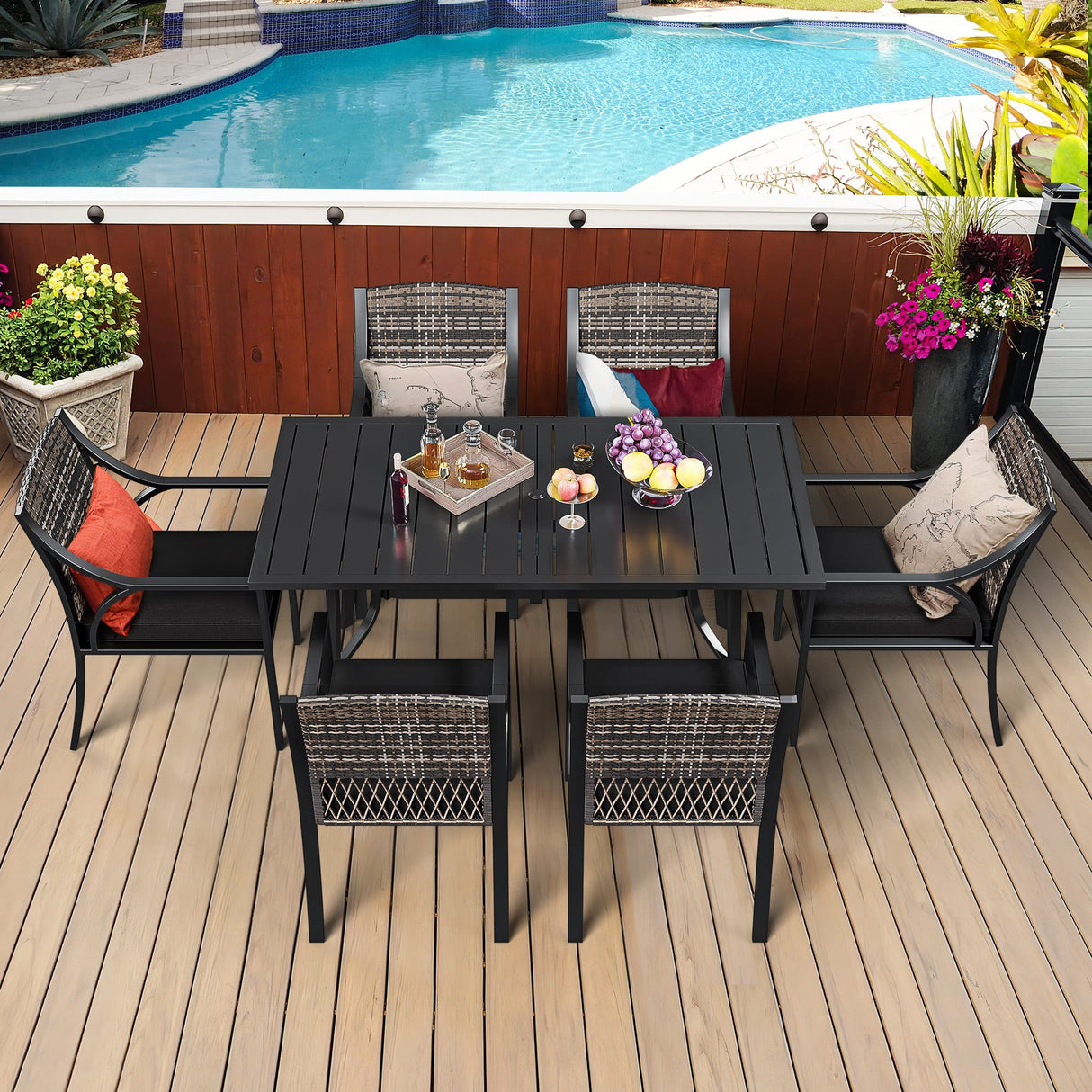 7 Piece Patio Dining Set, Outdoor Patio Wicker Dining Table Furniture Set with All Iron