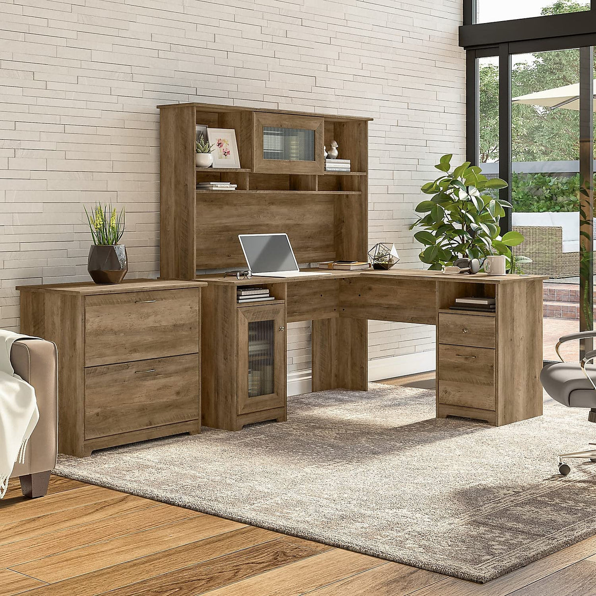 Cabot 60W L Shaped Computer Desk with Hutch and Lateral File Cabinet in Reclaimed