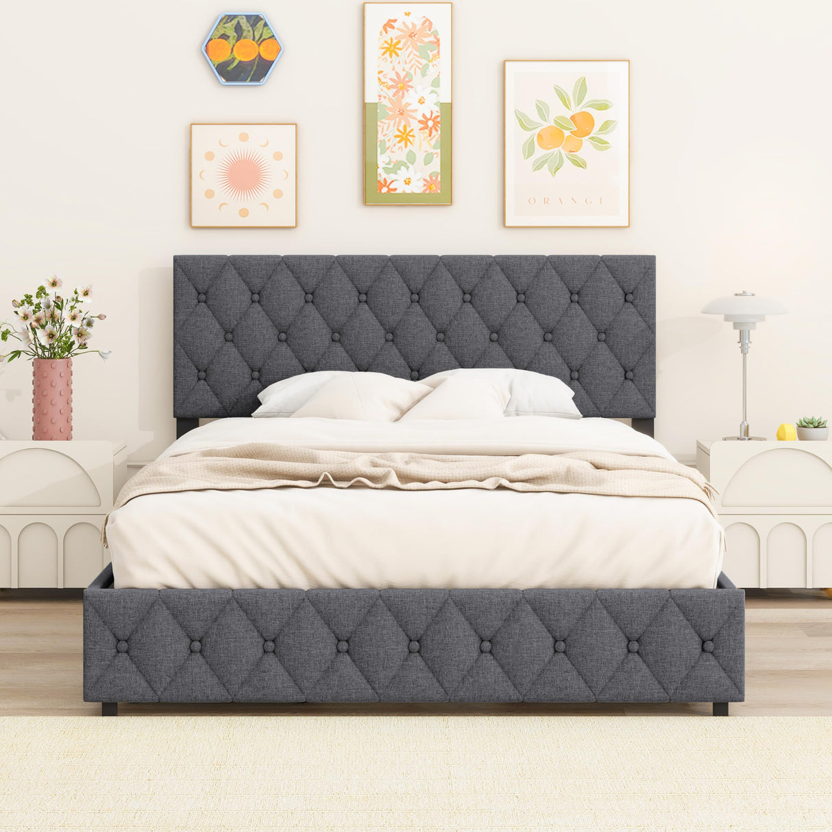 Full Size Upholstered Platform Bed Frame with Adjustable Headboard