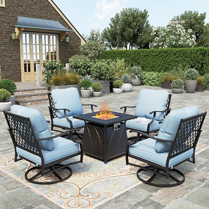5 Pieces Fire Pit Patio Furniture Set, 4 x Thick Cushioned Swivel Chairs with 28" Fire Pit Table (50,000 BTU)