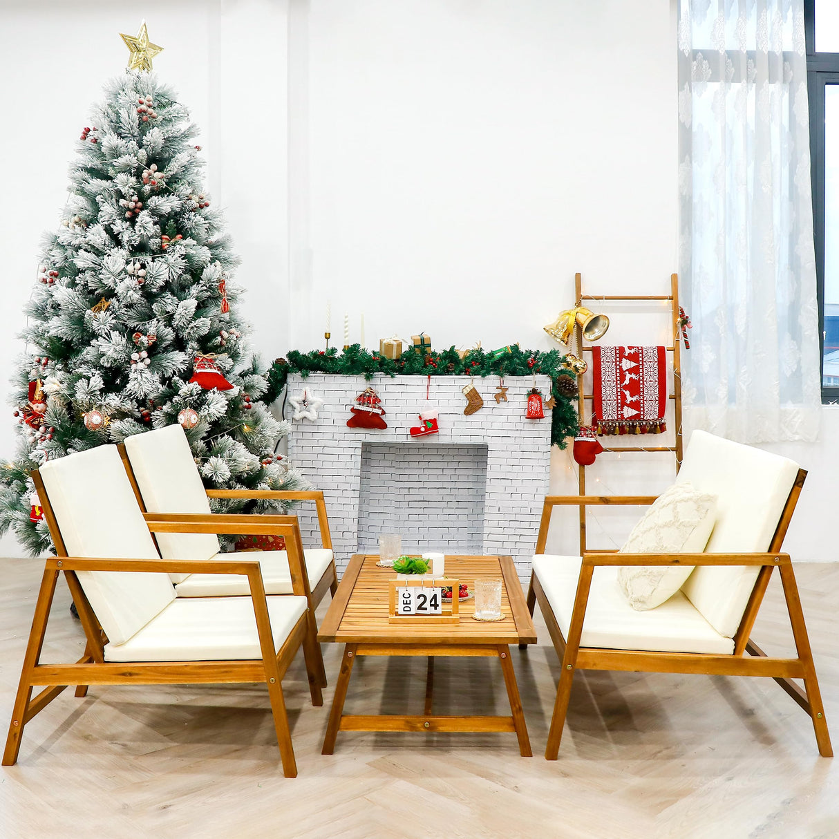 4 Piece Patio Furniture Set, Acacia Wood Sofa, Conversation