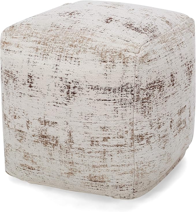 Hannah Hand-Loomed Boho Fabric Cube Pouf, Teal, Beige