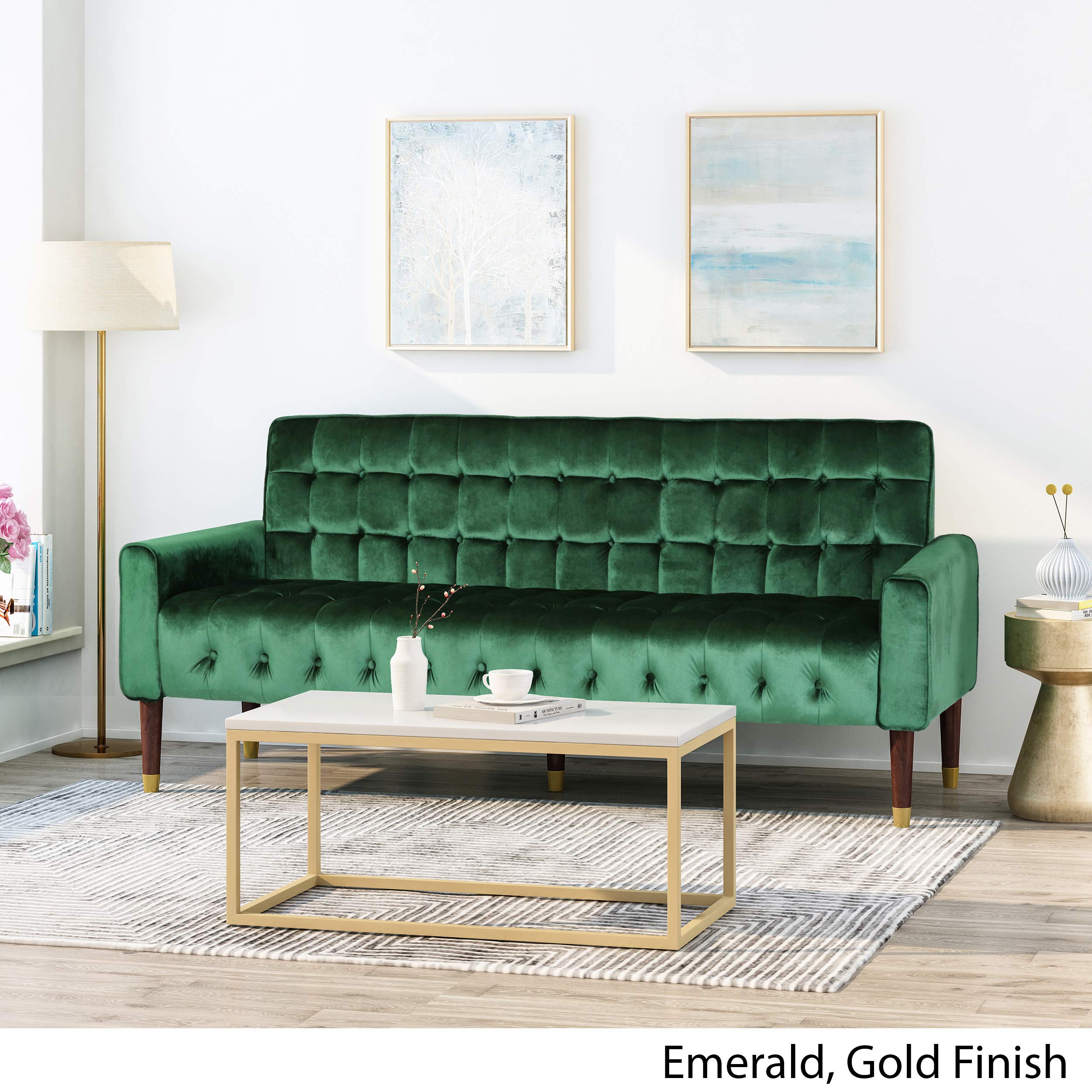 Adan Tufted Velvet Sofa Tipped Tapered Legs, Emerald and Gold Finish