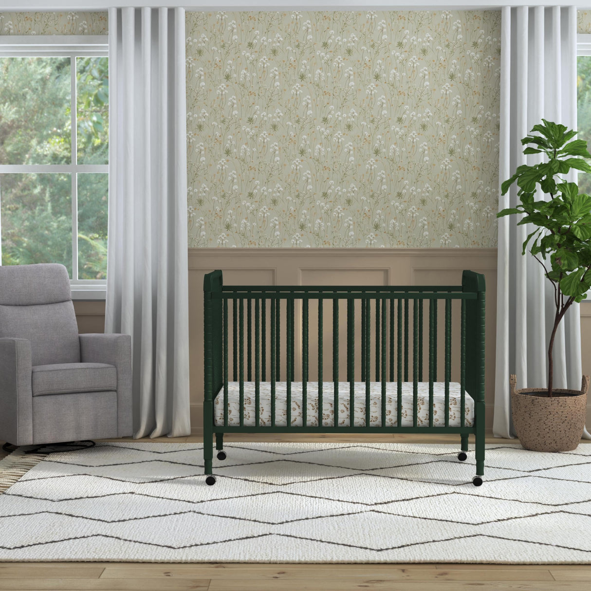 Lind 3-in-1 Convertible Crib in Forest Green, Removable Wheels, Greenguard Gold