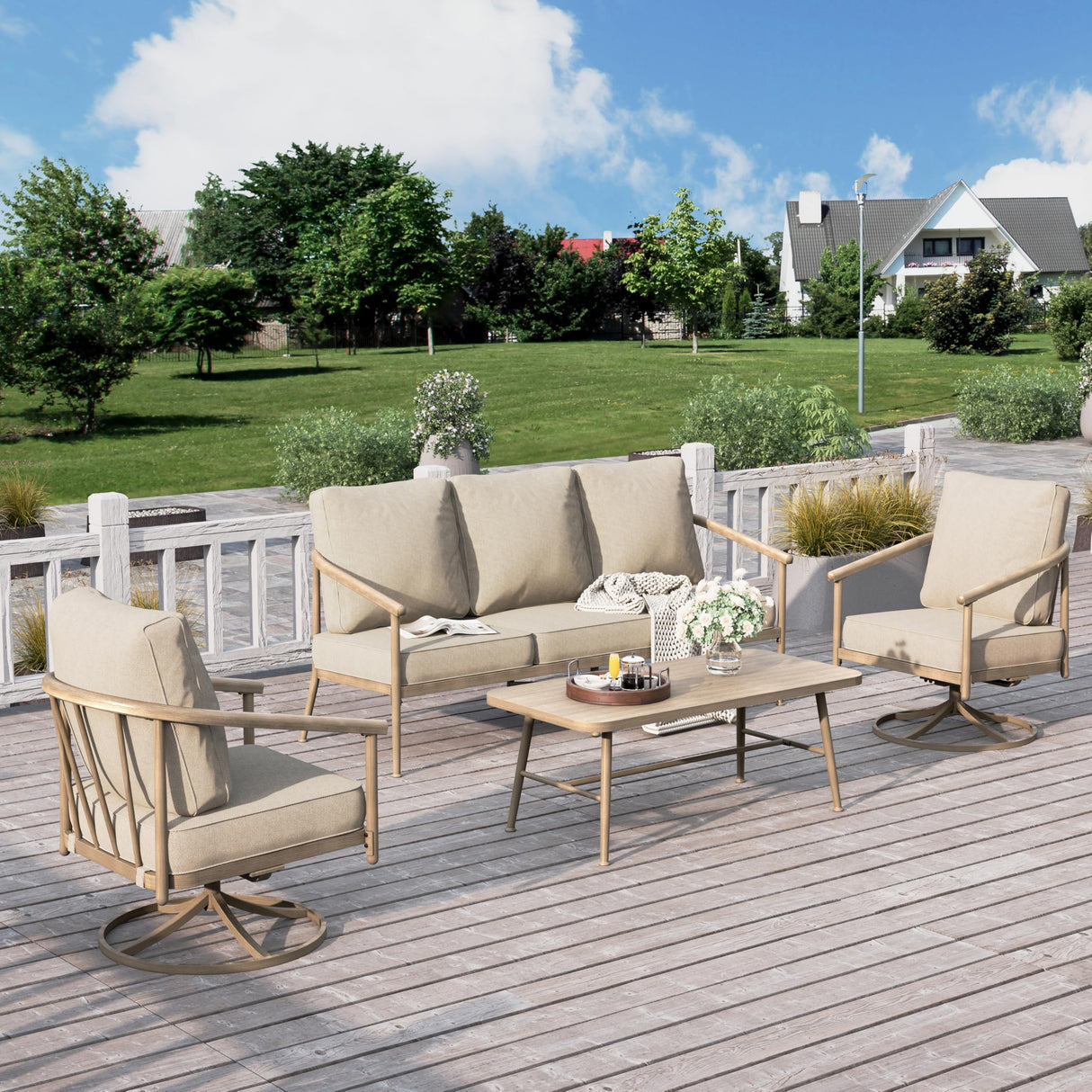 Patio Furniture Set, 2 x Cushioned Swivel Chair, 3-Seat Sofa with Wood Grain Coffee Table