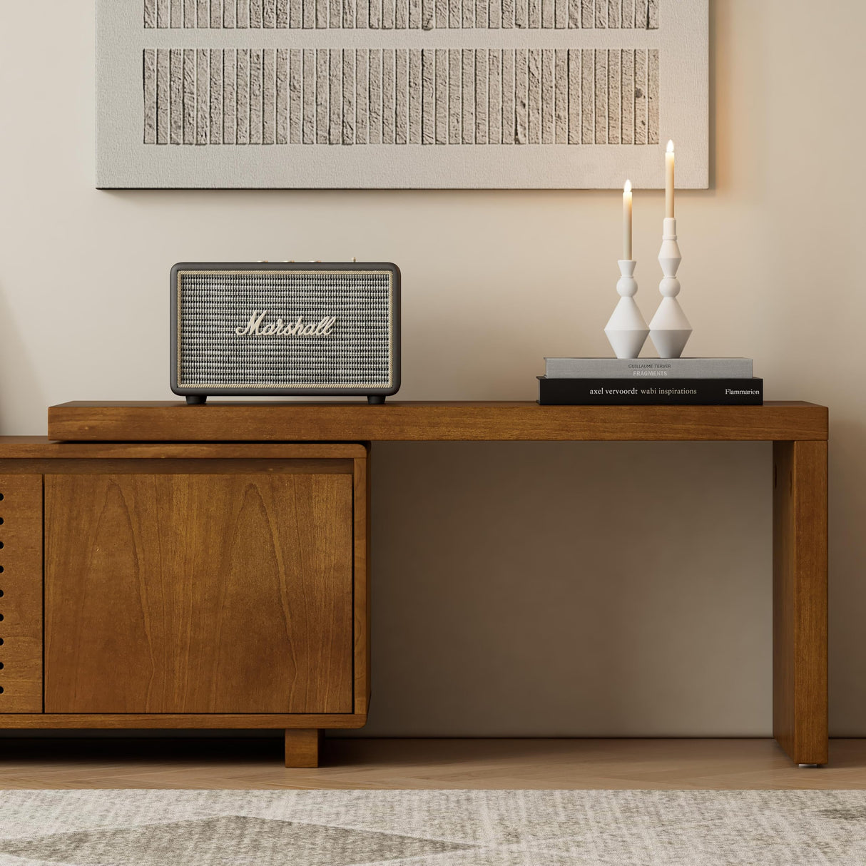 LUMISOL Extendable TV Stand with 2 Doors, Media Extendable Console TV Table for TVs up to 75” Farmhouse Entertainment Cabinet with Storage and Adjustable Shelves for Living Room, Brown Ebony