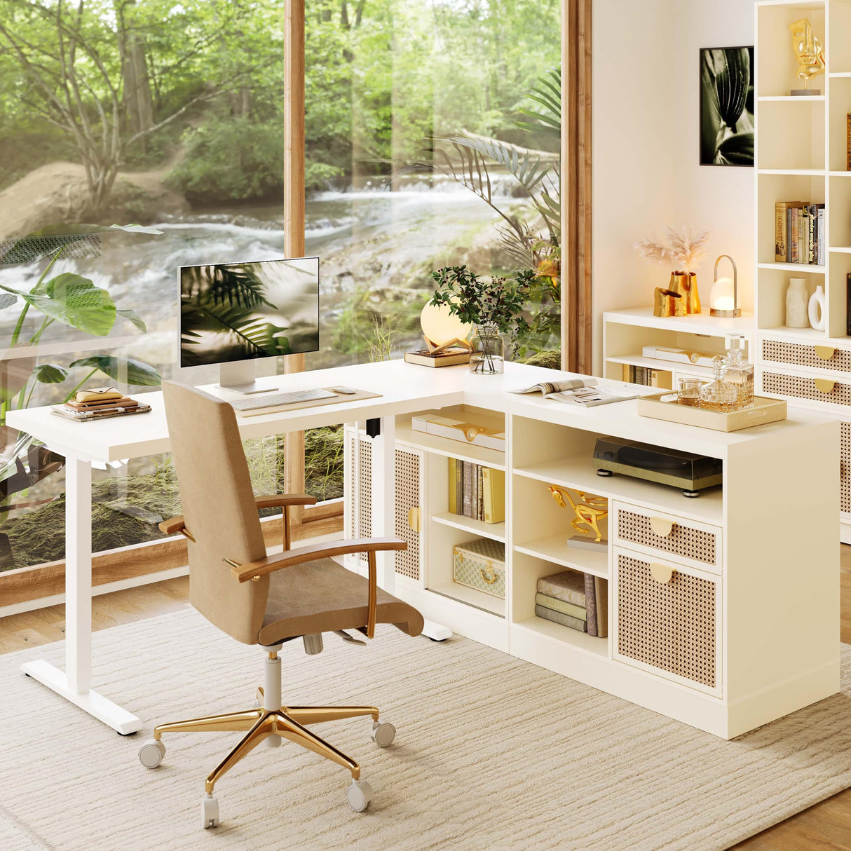 67" Standing Desk with 2 Storage Cabinet, AC/USB, 1.18" Desktop, L Shaped Height