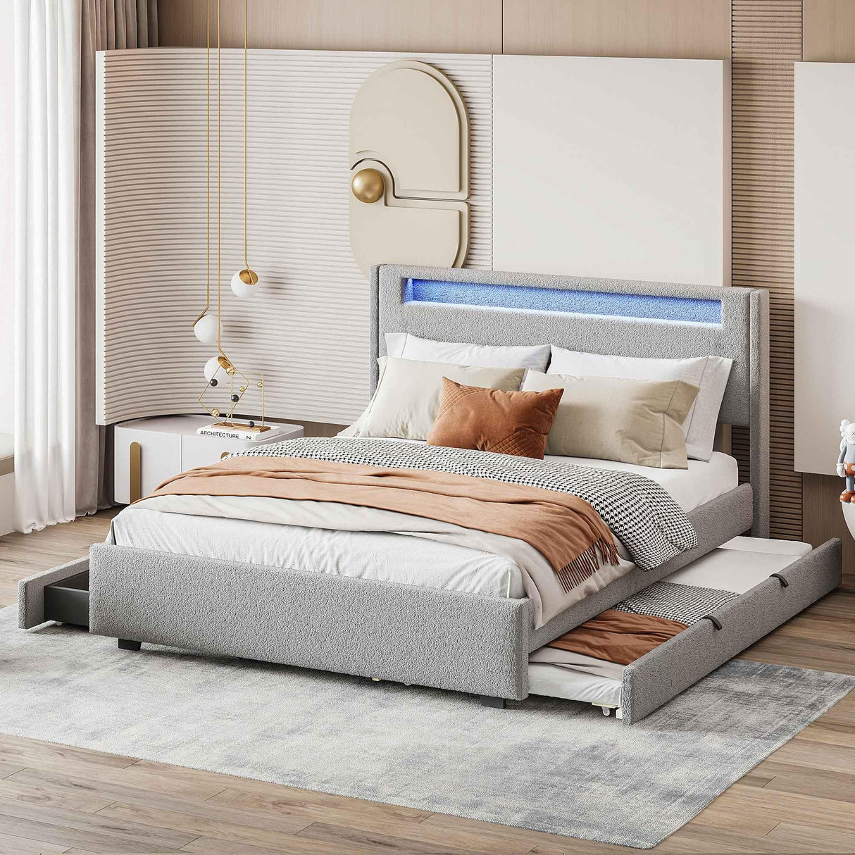 Upholstered Queen Size Bed with TwinXL Trundle, Solid Wood Platform Bedframe w/ 2