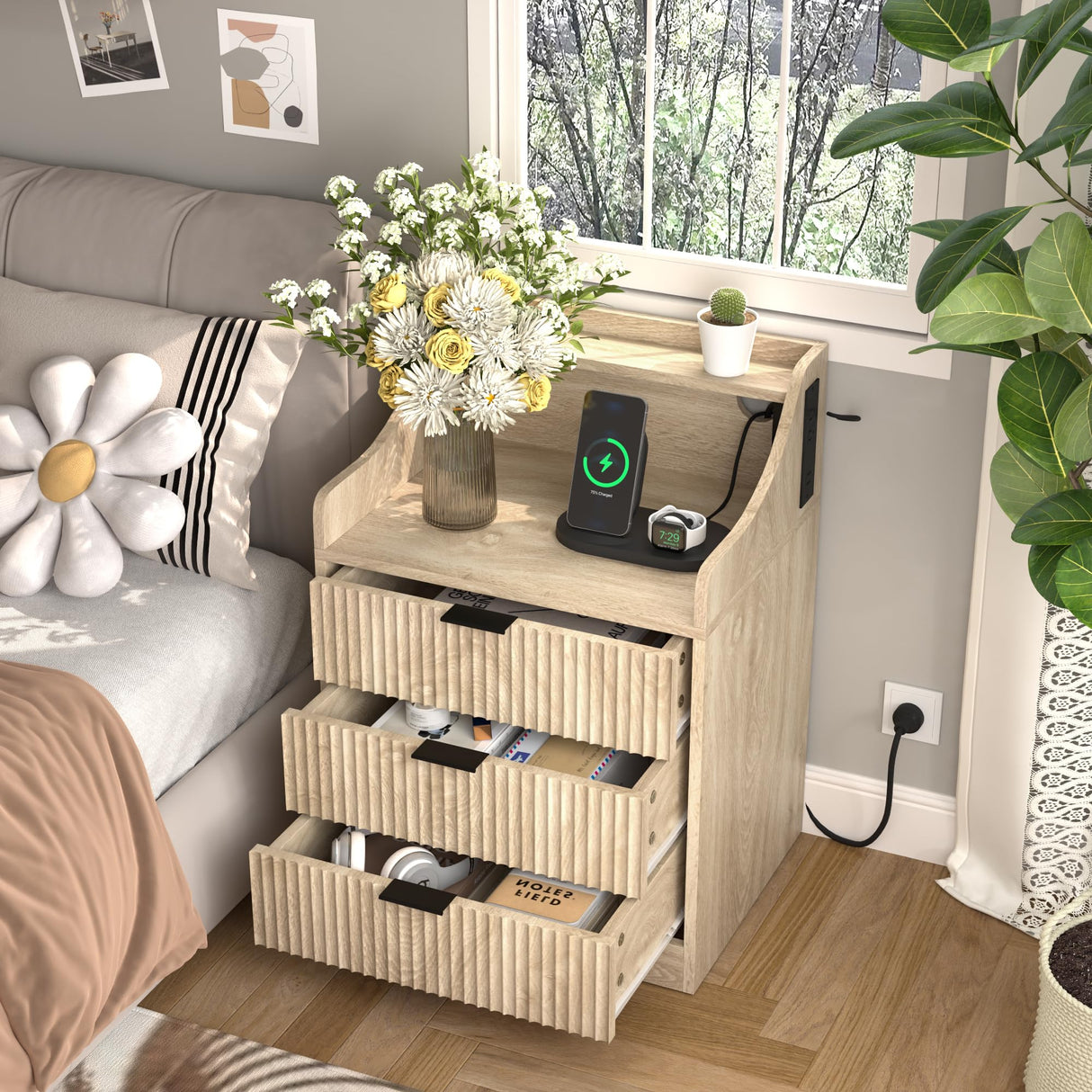 Nightstand with Charging Station Bedside Table Night Stand with 3 Drawer Mid-Century