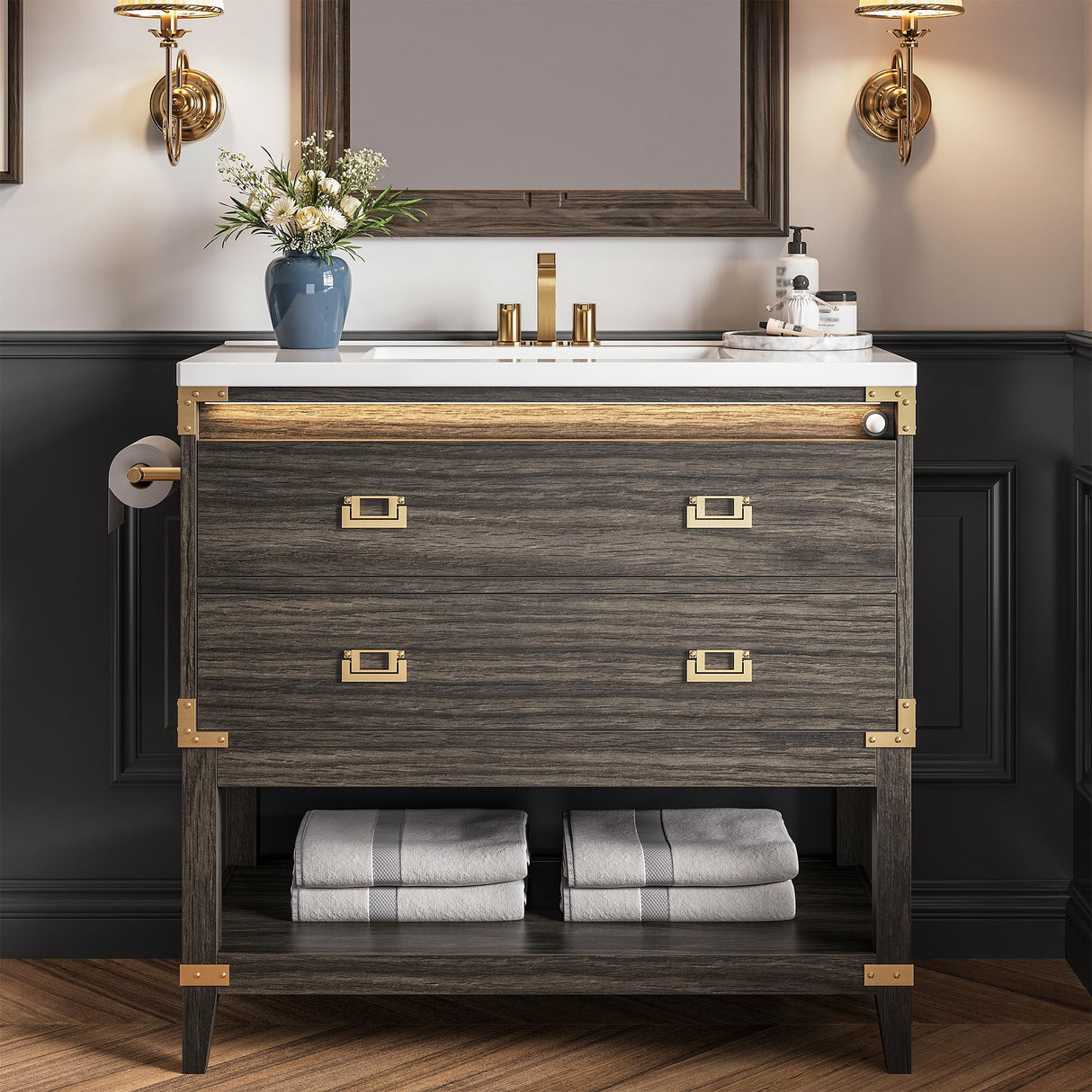 36" Bathroom Vanity with Motion Sensor Light, Wood Bathroom Vanity with Ceramic Sink