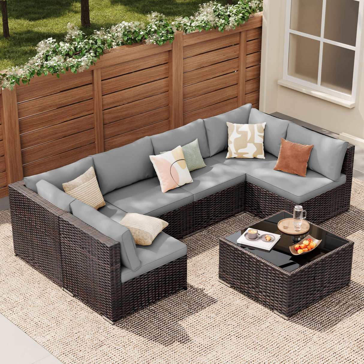 7 Pieces Outdoor Patio Furniture Set, PE Rattan Outdoor Wicker Sectional Furniture Sofa
