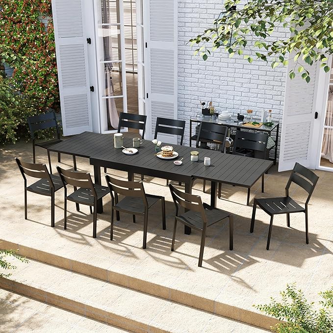 Outdoor Dining Table Glass Top Patio Dining Table, Outdoor Aluminum Extendable Dining Table