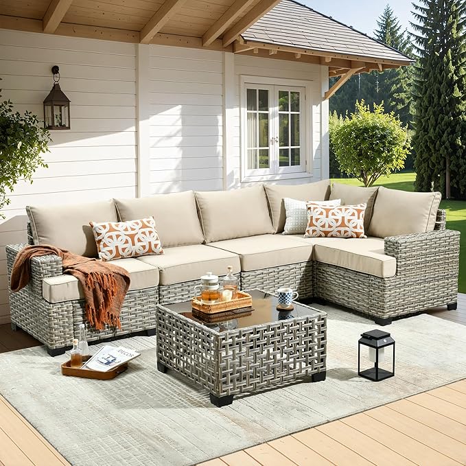 6 Pieces Patio Furniture Set, Outdoor Sectional Sofa Couch with Solar Coffee Table