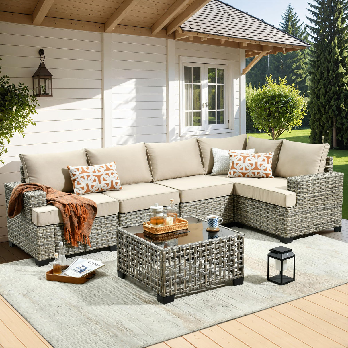 6 Pieces Patio Furniture Set, Outdoor Sectional Sofa Couch with Solar Coffee Table