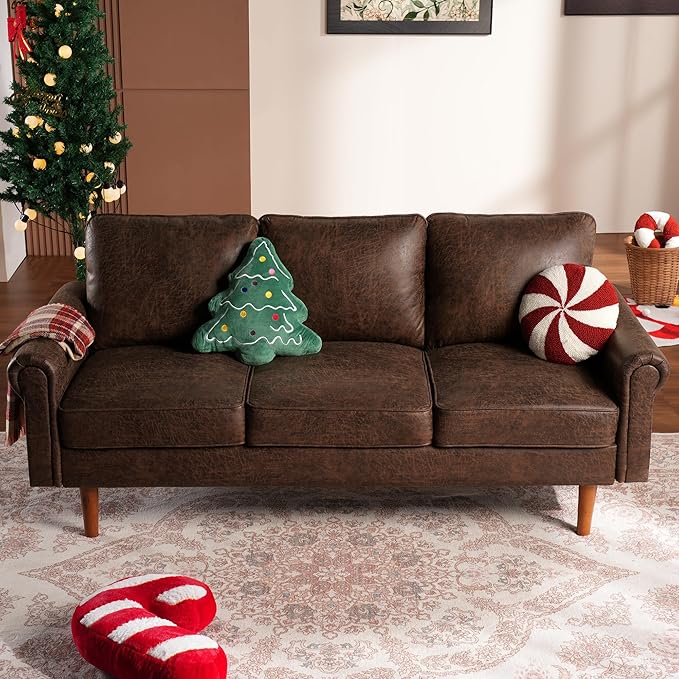 Faux Leather Mid-Century Modern Sofa for Living Room,3 Seater Couch