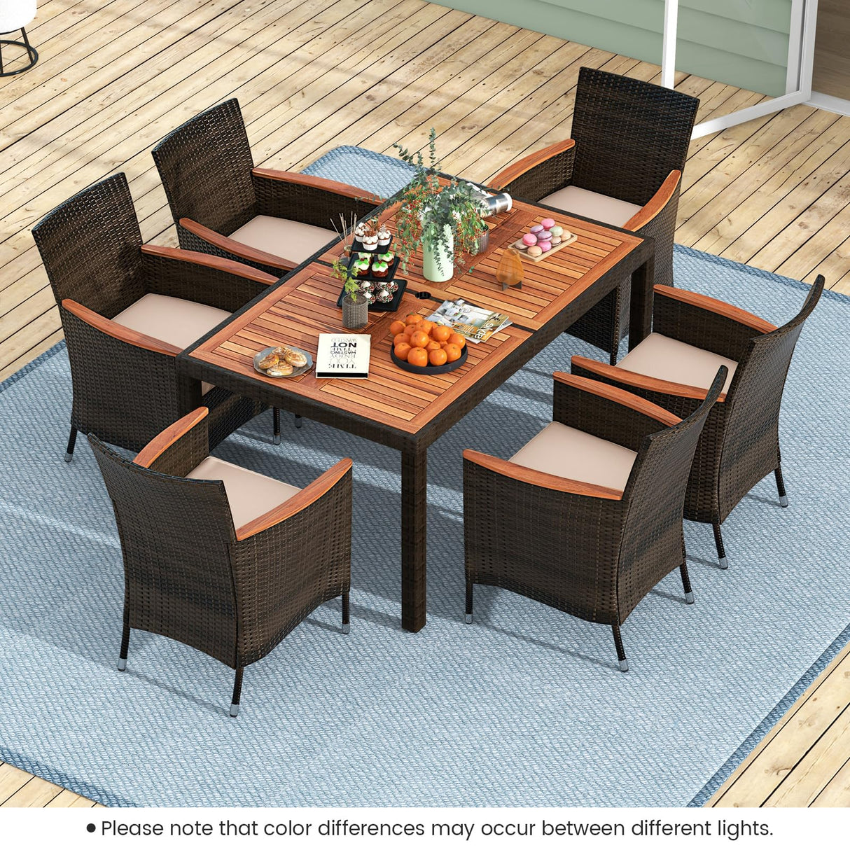 7 Pieces Outdoor Wicker Dining Set, Patio Dining Furniture Set with Acacia Wood Table