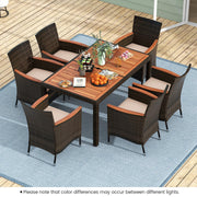 7 Pieces Outdoor Wicker Dining Set, Patio Dining Furniture Set with Acacia Wood Table