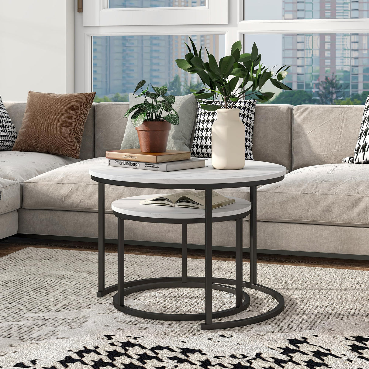 Industrial Round Coffee Table Set of 2 End Table for Living Room