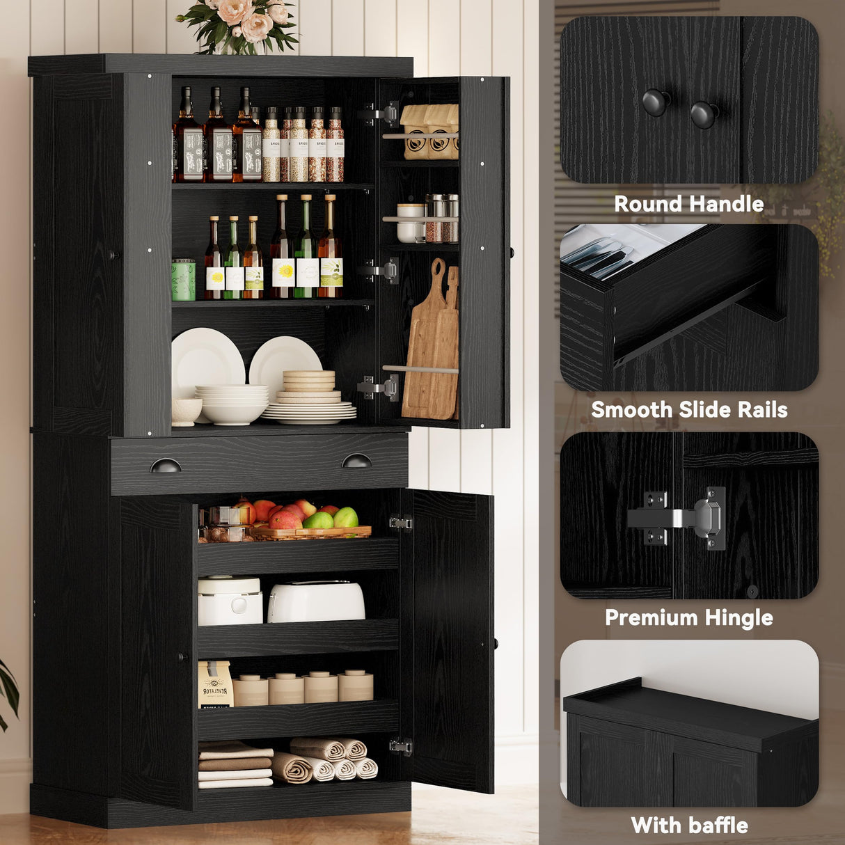 IRONCK Kitchen Pantry Cabinet 72" Height, Freestanding Cupboard with Drawer, Sliding Storage Rack, and 6 Hanging Shelves for Dining Room, Laundry, Living Room, Black