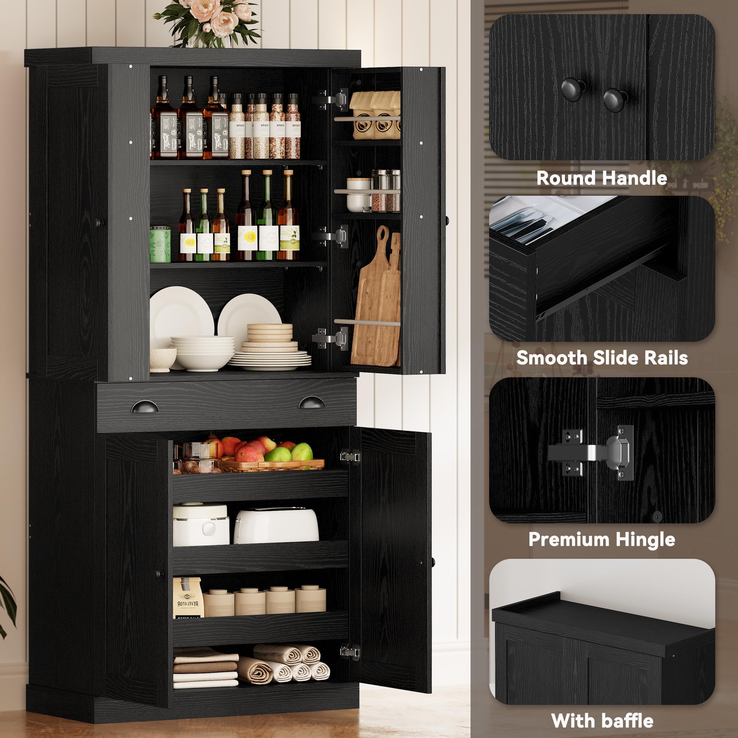 IRONCK Kitchen Pantry Cabinet 72" Height, Freestanding Cupboard with Drawer, Sliding Storage Rack, and 6 Hanging Shelves for Dining Room, Laundry, Living Room, Black