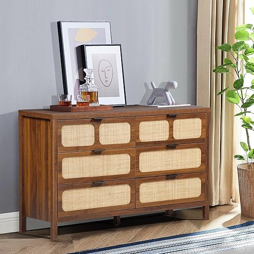 6 Drawer Dresser for Bedroom, Rattan Dresser Drawer Organizer with