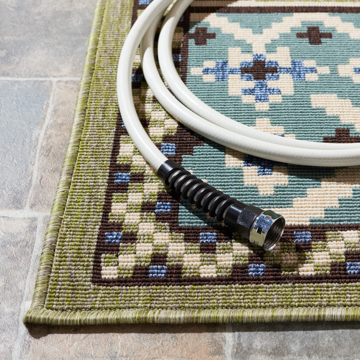 Veranda Collection Area Rug - 8' x 11', Green & Blue, Boho Design, Non-Shedding