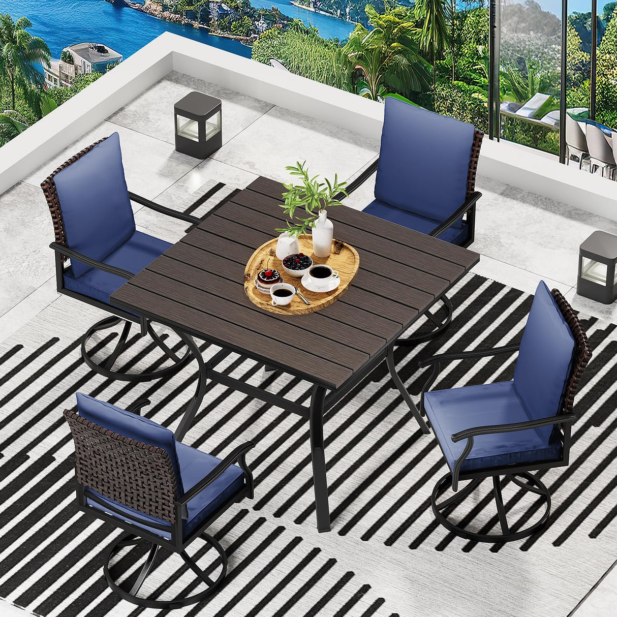 5 Piece Outdoor Patio Dining Set with 4 Swivel Dining Chairs & 1 Large Square Dining Table