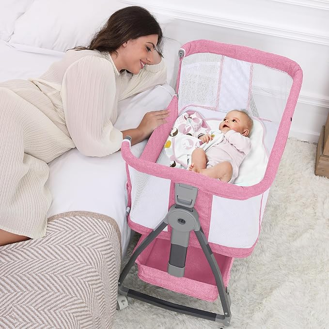 3 in 1 Baby Bassinet Bedside Sleeper with Mattress and Wheels, 5 Height Adjustable Bed